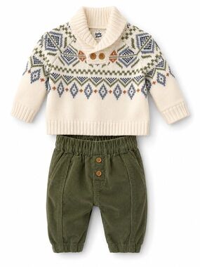 Baby B'Gosh Cream Fair Isle Shawl-Collar Sweater & Olive Corduroy Pants Set